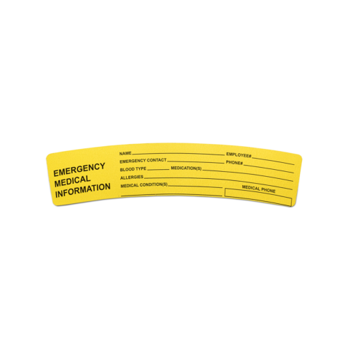 A yellow "Emergency Medical Information" hard hat label.