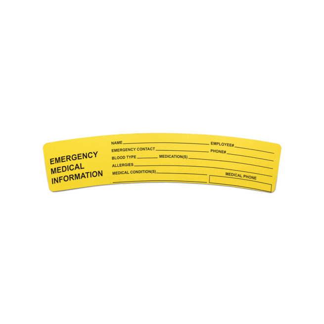 A yellow "Emergency Medical Information" hard hat label.