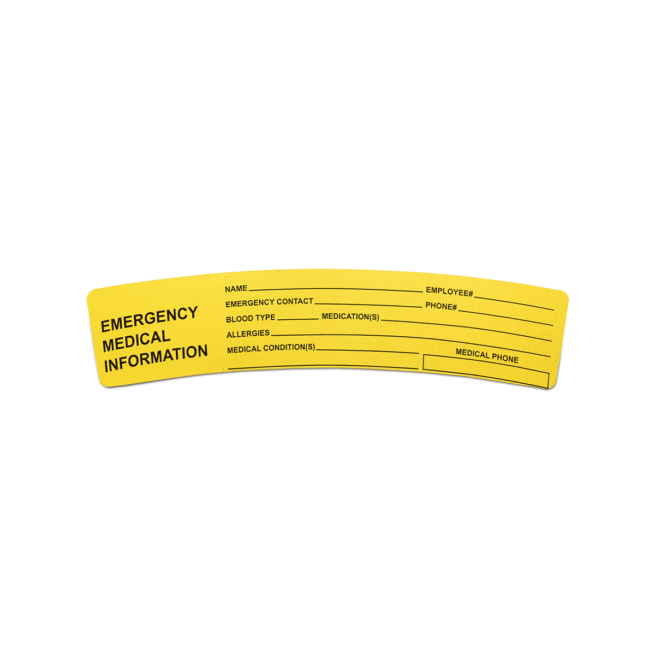 A yellow "Emergency Medical Information" hard hat label.