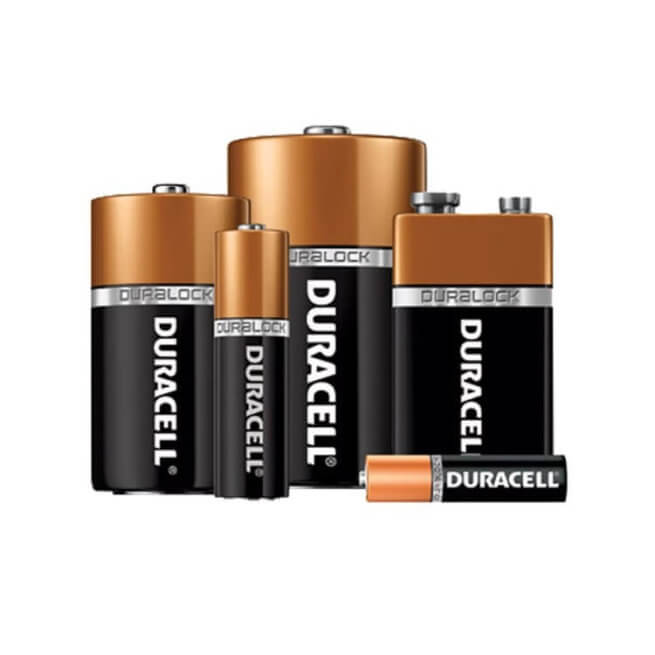 A selection of Duracell brand batteries in AAA, AA, C, and D.