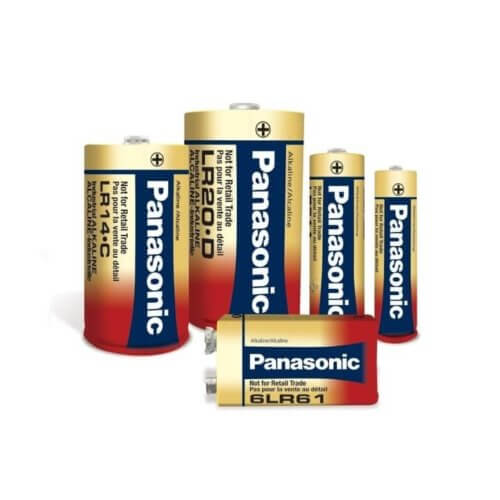 A selection of Panasonic batteries in AAA, AA, C, and D.
