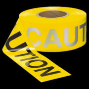 A roll of yellow caution tape that reads, "CAUTION" in a bold black font against a black background.