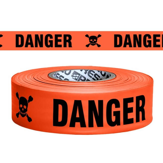 A roll of orange caution tape that reads, "DANGER" in a bold black font with a skull and crossbones against a white background.