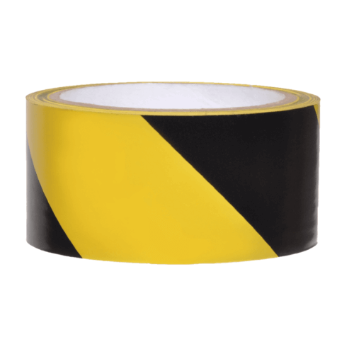 A roll of black and yellow diagonally striped adhesive tape.