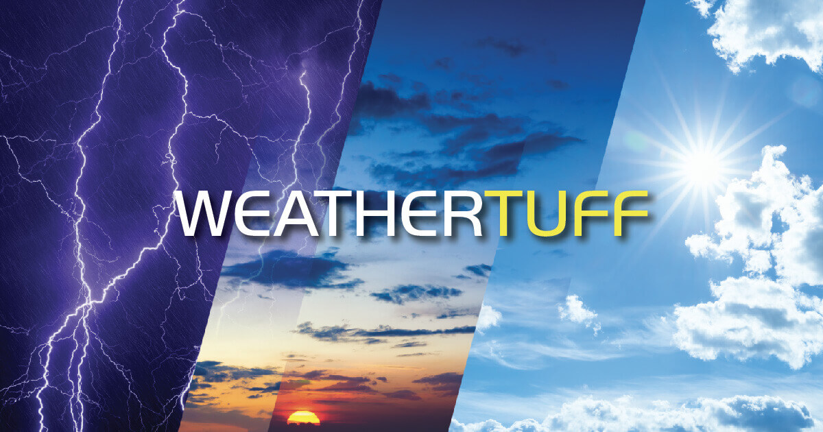 Weathertuff logo, featuring a variety of weather conditions in the background.