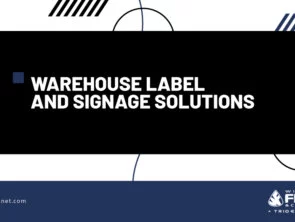 A black text box reading "Warehouse Label and Signage Solutions"